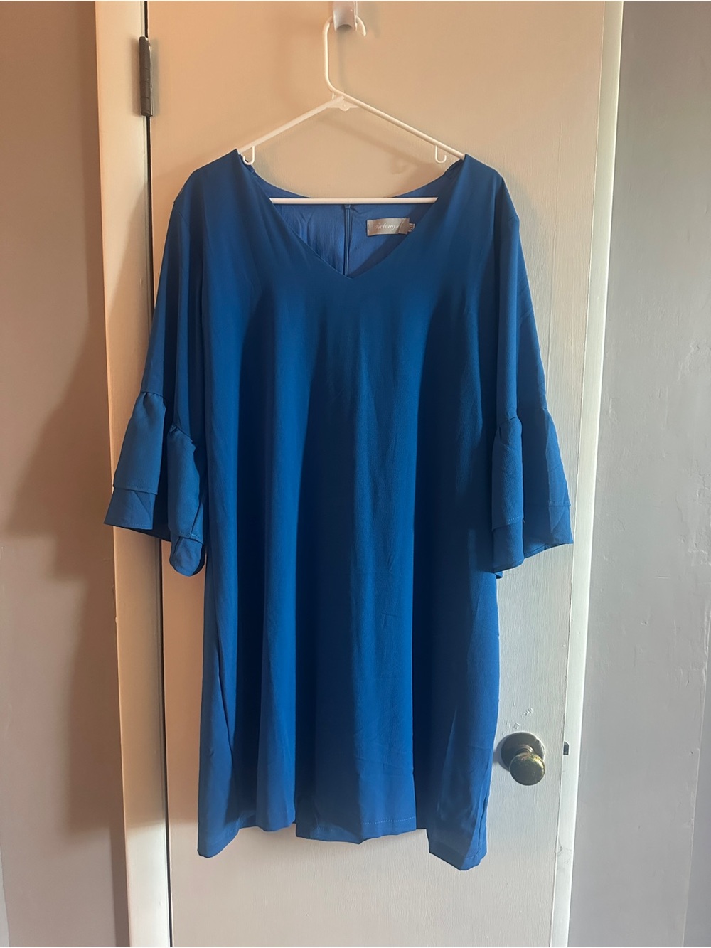 Women's V-Neck Ruffle Sleeve Dress- Royal Blue